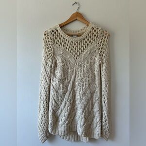 Taupe, cable knit, sweetheart neckline, open weave, long sleeve sweater